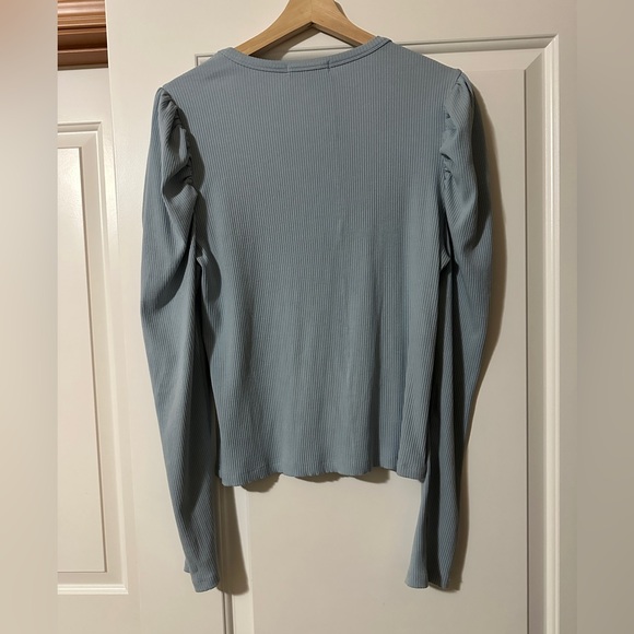 ☀️ 7 For All Mankind Blue Crew Neck Puffed Sleeve Ribbed - Picture 3 of 7